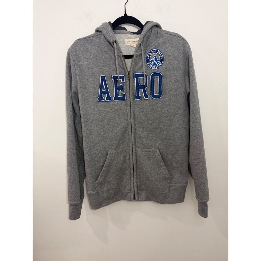 Aeropostale Mens Full Zip Hoodie Heather Grey Blue Aero Graphic Small 5135